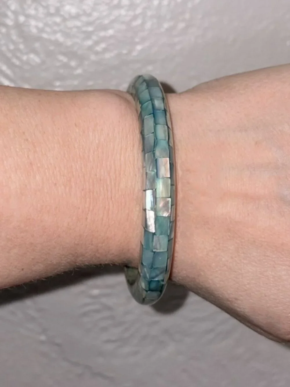 Turquoise Blue Shell Inlay Mosaic Dome Bangle Bracelet Coastal Boho Lightweight